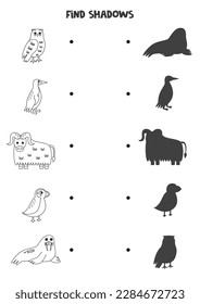 Find shadows of cute arctic animals. Black and white worksheet. Educational logical game.