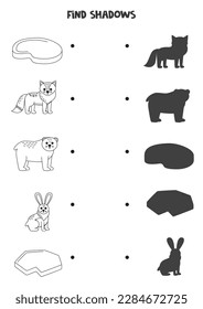 Find shadows of cute arctic animals. Black and white worksheet. Educational logical game.