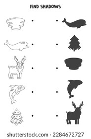 Find shadows of cute arctic animals. Black and white worksheet. Educational logical game.