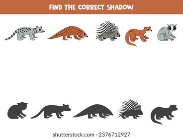 Find shadows of cute Asian animals. Educational logical game for kids. Printable worksheet for preschoolers.