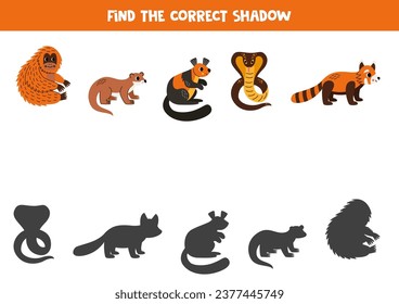 Find shadows of cute Asian animals. Educational logical game for kids. Printable worksheet for preschoolers.