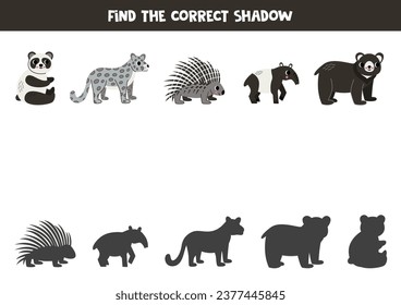 Find shadows of cute Asian animals. Educational logical game for kids. Printable worksheet for preschoolers.