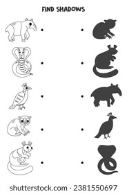 Find shadows of cute Asian animals. Black and white worksheet. Educational logical game.