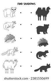 Find shadows of cute Asian animals. Black and white worksheet. Educational logical game.