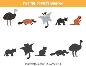 Find shadows of cute Australian animals. Educational logical game for kids. 