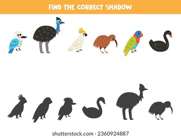 Encuentra sombras de lindos pájaros australianos. Juego educativo lógico para niños. 