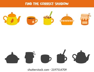 Find shadows of cute autumn elements. Educational logical game for kids.