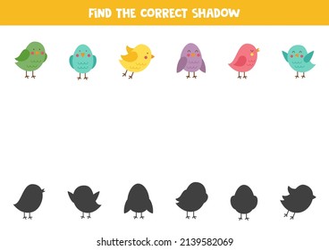 Encuentra sombras de pájaros lindos. Juego educativo lógico para niños.