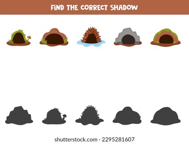 Find shadows of cute cartoon animal houses. Educational logical game for kids.