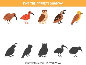 Find shadows of cute cartoon birds. Educational logical game for kids. Printable worksheet for preschoolers.