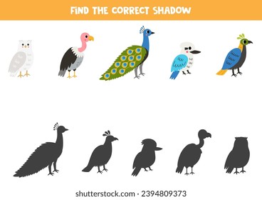 Find shadows of cute cartoon birds. Educational logical game for kids. Printable worksheet for preschoolers.