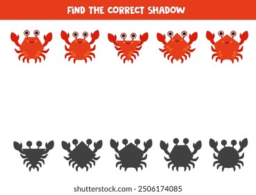 Find shadows of cute cartoon red crabs. Educational logical game.