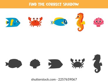 Find shadows of cute cartoon sea fish. Educational logical game for kids.