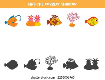 Find shadows of cute cartoon sea animals. Educational logical game for kids.