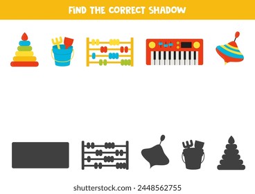 Find shadows of cute cartoon toys. Educational logical game for kids. Printable worksheet for preschoolers.