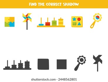 Find shadows of cute cartoon toys. Educational logical game for kids. Printable worksheet for preschoolers.