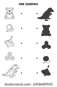 Find shadows of cute cartoon toys. Black and white worksheet. Educational logical game.