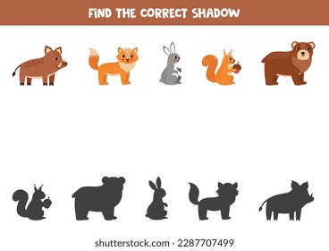 Find shadows of cute cartoon woodland animals. Educational logical game for kids.