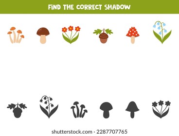 Find shadows of cute cartoon woodland elements. Educational logical game for kids.