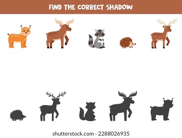 Find shadows of cute cartoon woodland animals. Educational logical game for kids.