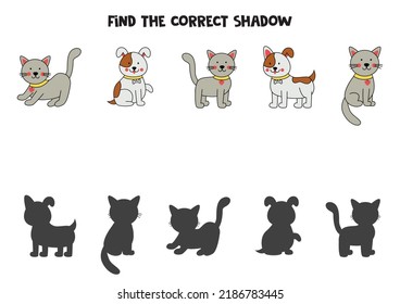 Find shadows of cute cats and dogs. Educational logical game for kids.