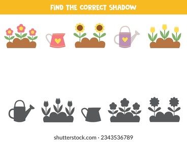 Find shadows of cute flower beds and watering cans. Educational logical game for kids. Printable worksheet for preschoolers.