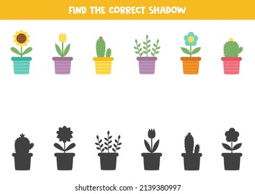 Finden Sie Schatten süßer Blumentöpfe. Lernlogisches Spiel für Kinder.