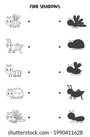 Find shadows of cute insects. Black and white worksheet. Educational logical game for kids.