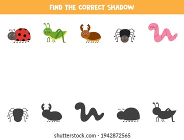 Encuentra sombras de insectos lindos. Juego educativo lógico para niños.