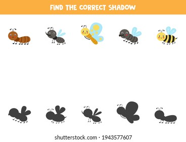 Find shadows of cute insects. Educational logical game for kids.