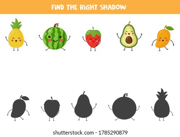 Find shadows of cute kawaii fruits. Educational logical game for kids. Printable worksheet for preschoolers.