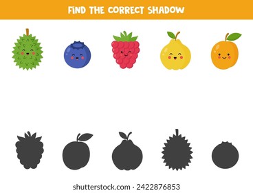 Find shadows of cute kawaii fruits and berries. Educational logical game for kids. Printable worksheet for preschoolers.