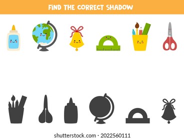 Find shadows of cute kawaii school supplies. Educational logical game for kids.