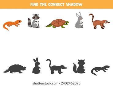 Find shadows of cute North American animals. Educational logical game for kids. Printable worksheet for preschoolers.