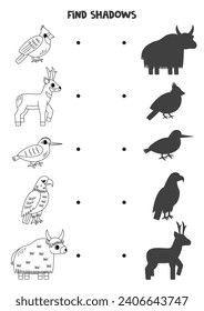 Find shadows of cute North American animals. Black and white worksheet. Educational logical game.