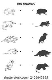 Find shadows of cute North American animals. Black and white worksheet. Educational logical game.