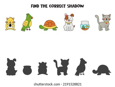 Find shadows of cute pets. Educational logical game for kids.