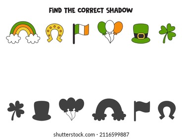 Find shadows of cute Saint Patrick day symbols. Educational logical game for kids.