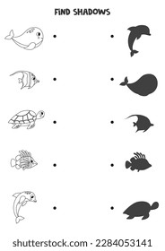 Finden Sie Schatten süßer Meerestiere. Schwarz-Weiß-Arbeitsblatt. Lernlogisches Spiel.