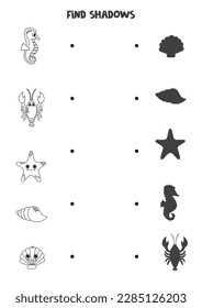 Find shadows of cute sea animals. Black and white worksheet. Educational logical game.