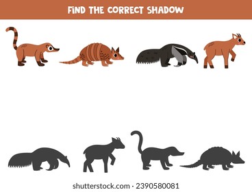 Find shadows of cute South American animals. Educational logical game for kids. Printable worksheet for preschoolers.