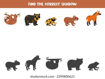 Find shadows of cute South American animals. Educational logical game for kids. Printable worksheet for preschoolers.