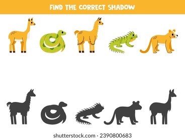 Find shadows of cute South American animals. Educational logical game for kids. Printable worksheet for preschoolers.