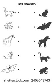 Find shadows of cute South American animals. Black and white worksheet. Educational logical game.