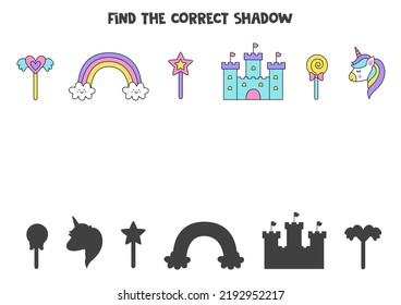 Find shadows of cute unicorn elements. Educational logical game for kids.