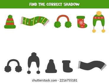 Find shadows of cute winter clothes. Educational logical game for kids.