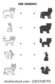 Find shadows of cute woodland animals. Black and white worksheet. Educational logical game.