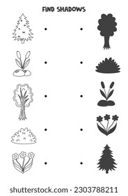 Find shadows of cute woodland flora. Black and white worksheet. Educational logical game.