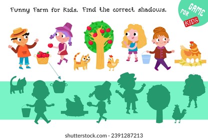 Encuentra sombras. Juego de rompecabezas educativo para los niños. Caricatura de personajes graciosos. Un juego de dibujos animados de animales y personas en la granja. Ilustración vectorial. 