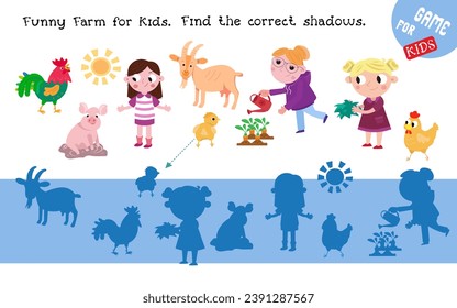 Find shadows. Educational puzzle game for kids. Cartoon funny characters. Cute cartoon set of animals and people on farm. Vector illustration. 